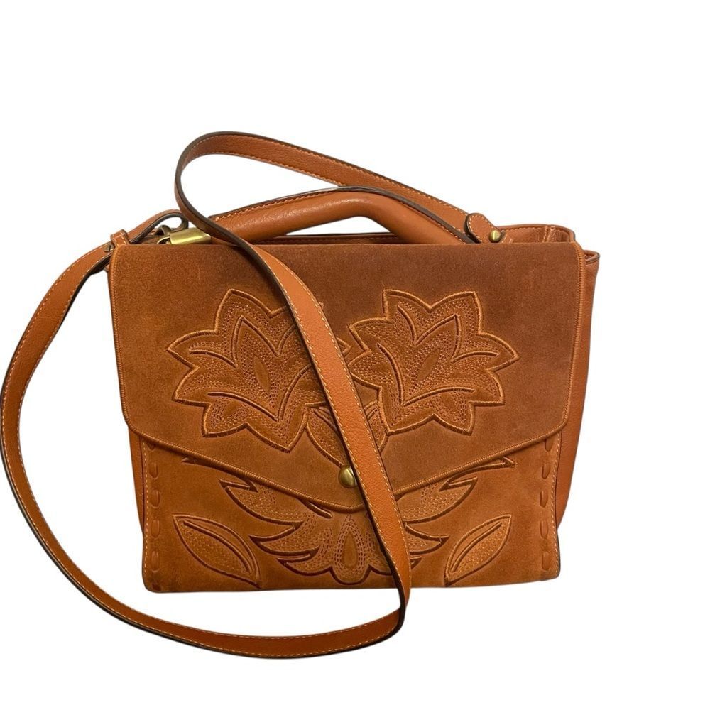 Sam Edelman Suede Floral Embossed Crossbody in Cognac Brown - Picture 2 of 6